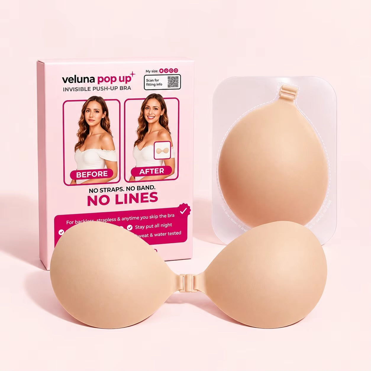 Actual Pop Up adhesive bra, front clasp, protective film and pink packaging.